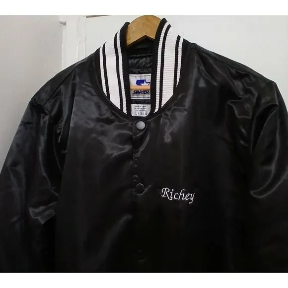 Mens large vintage starter satin bomber jacket black baseball varsity